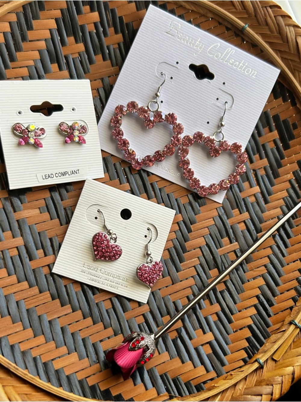 Bundle of 3 NWT Pink Earrings and Rose Hairpin